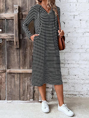 Drawstring Striped Zipper Long Sleeves Loose Hooded Midi Dresses