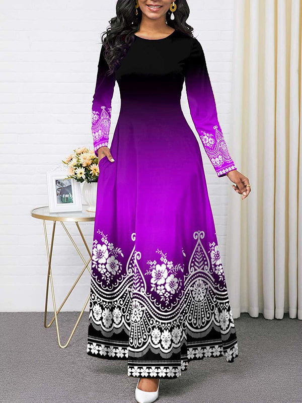 Contrast Color Floral Printed Long Sleeves Round-neck Maxi Dresses