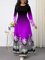 Contrast Color Floral Printed Long Sleeves Round-neck Maxi Dresses
