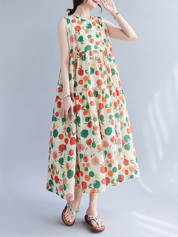 Floral Printed Pleated Split-Joint Loose Sleeveless Round-Neck Midi Dresses