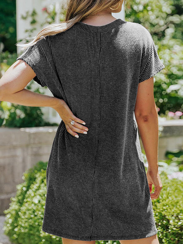 Contrast Color Pockets Split-Joint Striped A-Line Loose Round-Neck Mini Dresses
