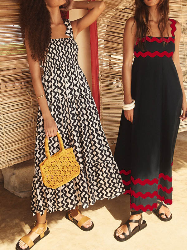 Contrast Color Zipper A-Line High Waisted Square-Neck Midi Dresses