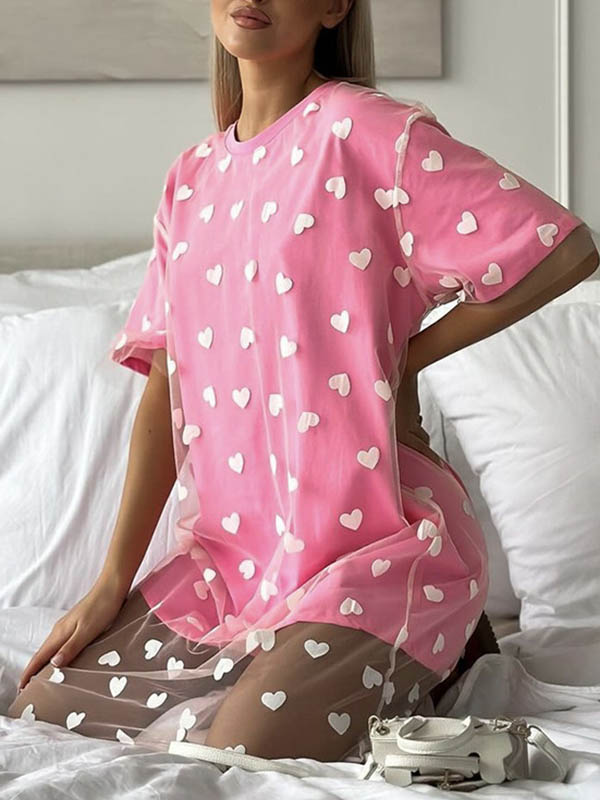 Heart Print Mesh See-Through Split-Joint Loose Short Sleeves Round-Neck Midi Dresses