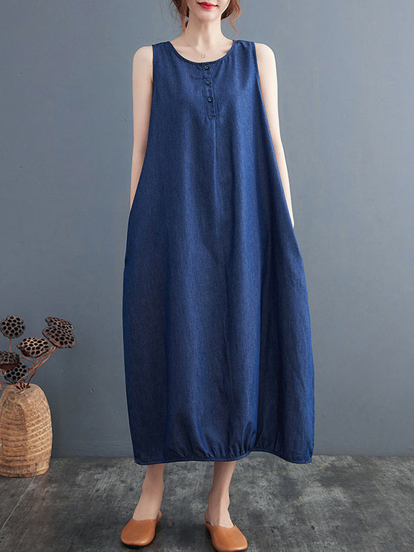 Buttoned Pleated Solid Color A-Line Loose Round-Neck Midi Dresses