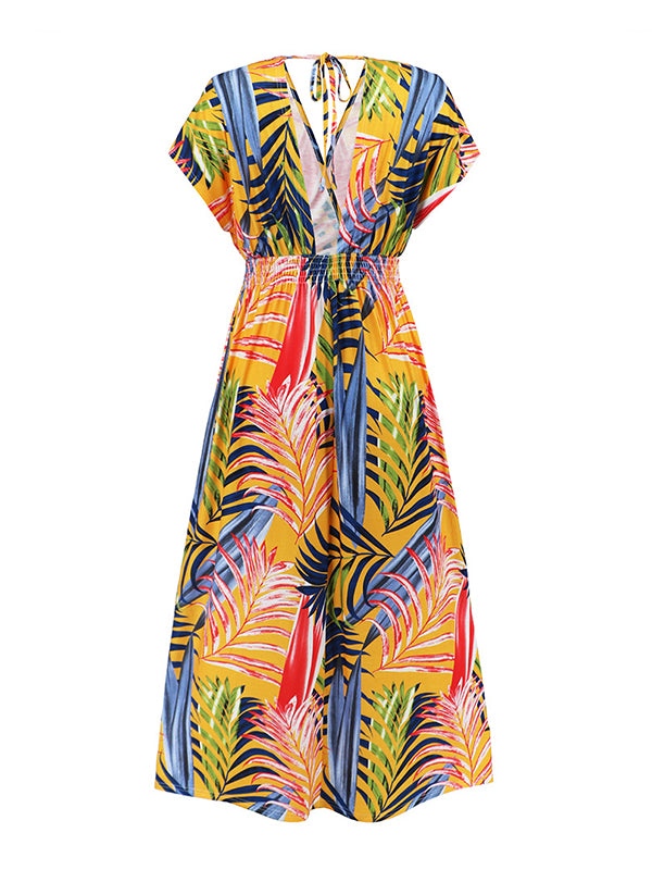 Hollow Lace-Up Printed Split-Joint Loose Short Sleeves V-Neck Midi Dresses