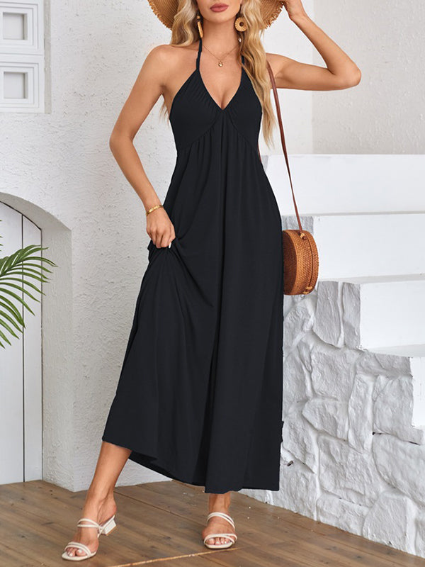 Pleated Solid Color Split-Joint A-Line Loose Deep V-Neck Maxi Dresses