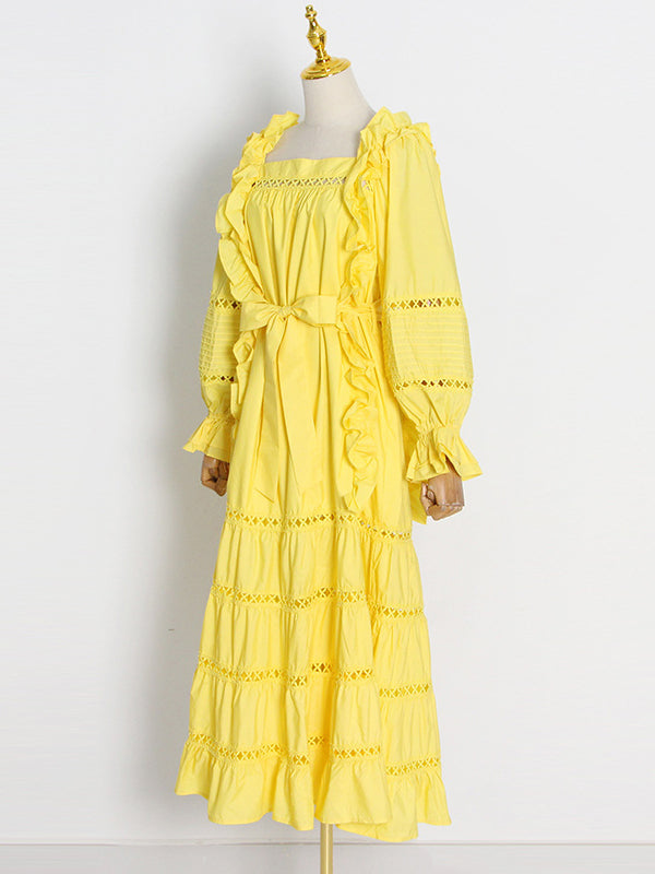 Bohemia Long Sleeves Loose Solid Color U-Neck Maxi Dress