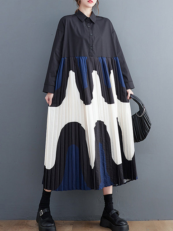 Contrast Color Pleated Printing Split-Joint A-Line Long Sleeves Polo Midi Dresses