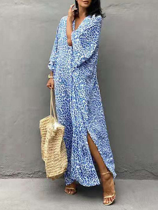 Leopard Split-Side Sun Protection Batwing Sleeves Loose V-Neck Maxi Dresses Cover-Ups Swimwear
