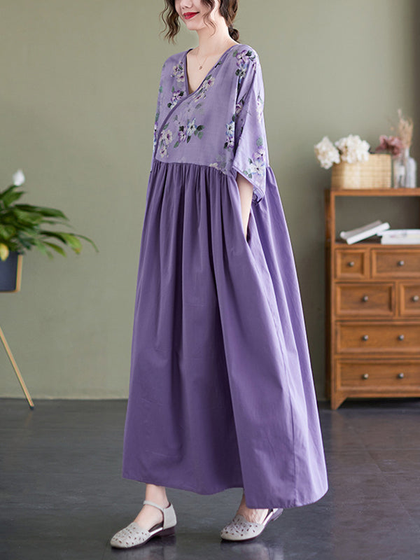 Artistic Retro Loose Floral Printed Split-Joint Midi Dress