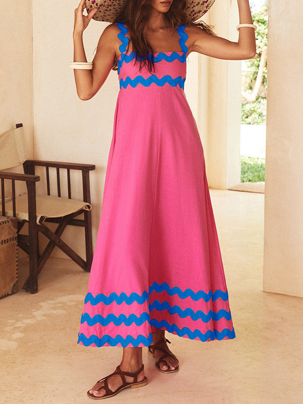 Contrast Color Zipper A-Line High Waisted Square-Neck Midi Dresses