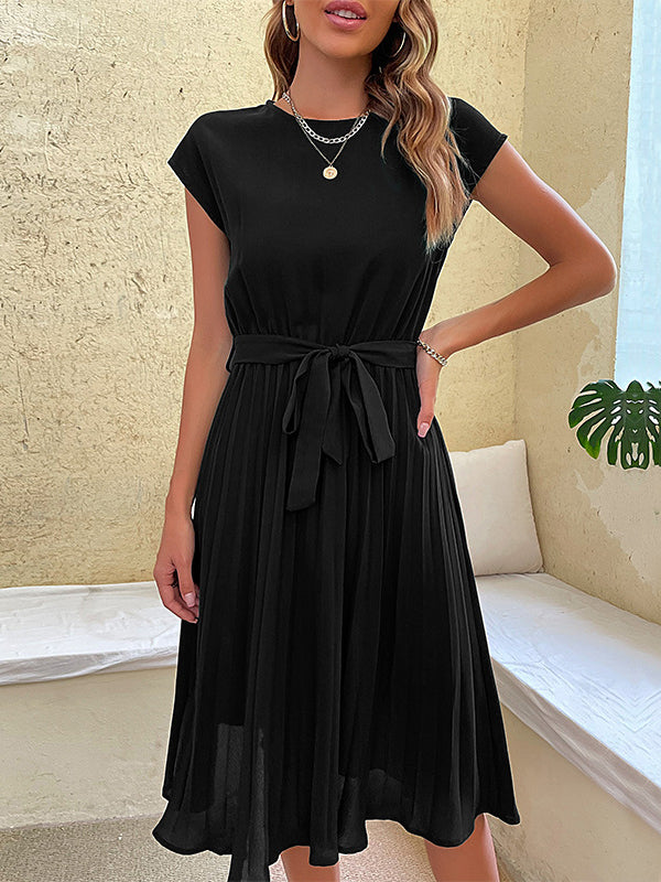 Pleated Solid Color Tied Waist A-Line Loose Round-Neck Midi Dresses