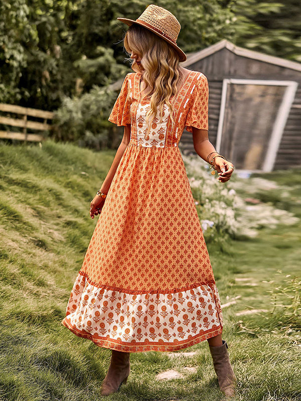 Bohemia Flared Sleeves Loose Floral Printed U-Neck Maxi Dress