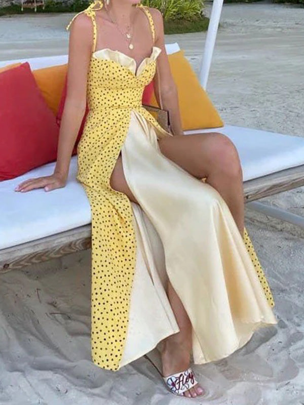 Color-Block Splicing Paghetti-Neck Elegant Pleated Maxi Dresses