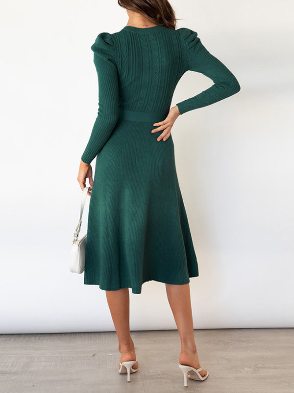 Solid Color Tied Waist High Waisted Long Sleeves Round-Neck Sweater Dresses Midi Dresses