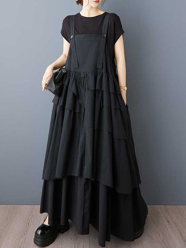 Asymmetric Buttoned Pleated A-Line Loose Spaghetti-Neck Suspender Dress Maxi Dresses