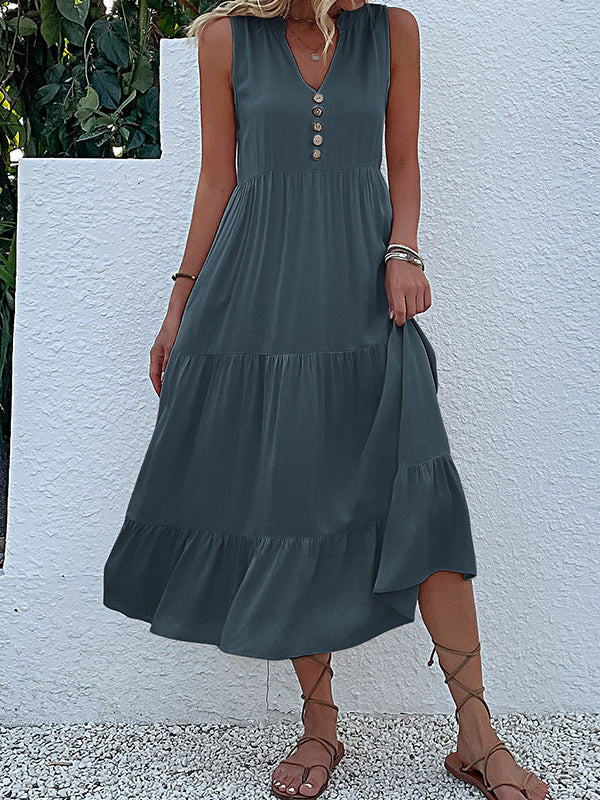 Pleated Split-Joint Loose Sleeveless V-Neck Midi Dresses