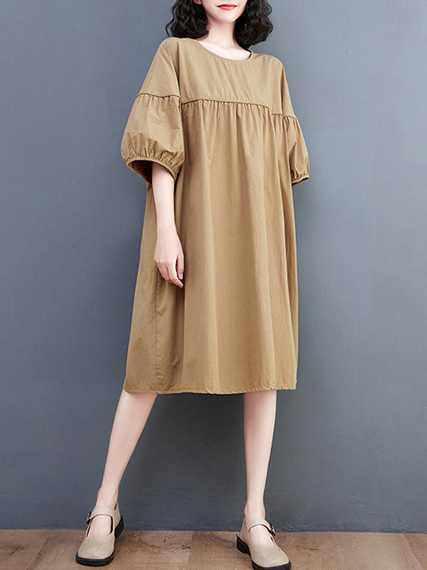 Solid Color Loose Short Sleeves Round-neck Midi Dresses