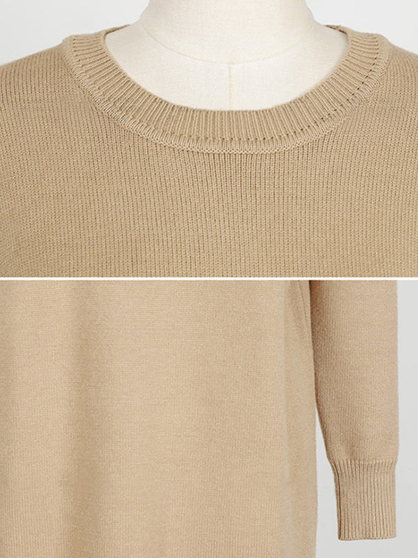 Urban Long Sleeves Loose Split-Side Solid Color Round-Neck Sweater Dresses