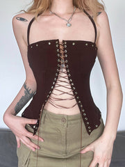 Brown Backless Sleeveless Halter Top