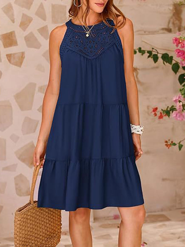 Hollow Pleated Solid Color Split-Joint A-Line Loose Round-Neck Mini Dresses