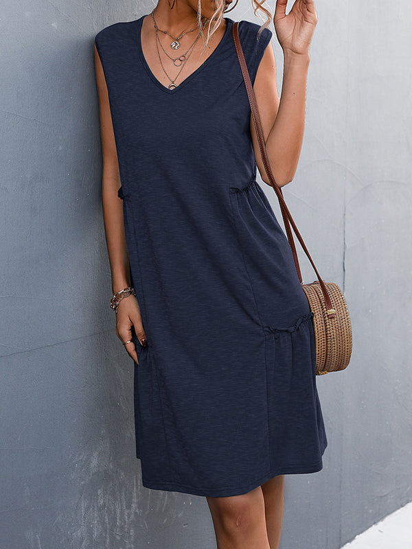Pleated Solid Color Split-Joint A-line Loose V-neck Midi Dresses