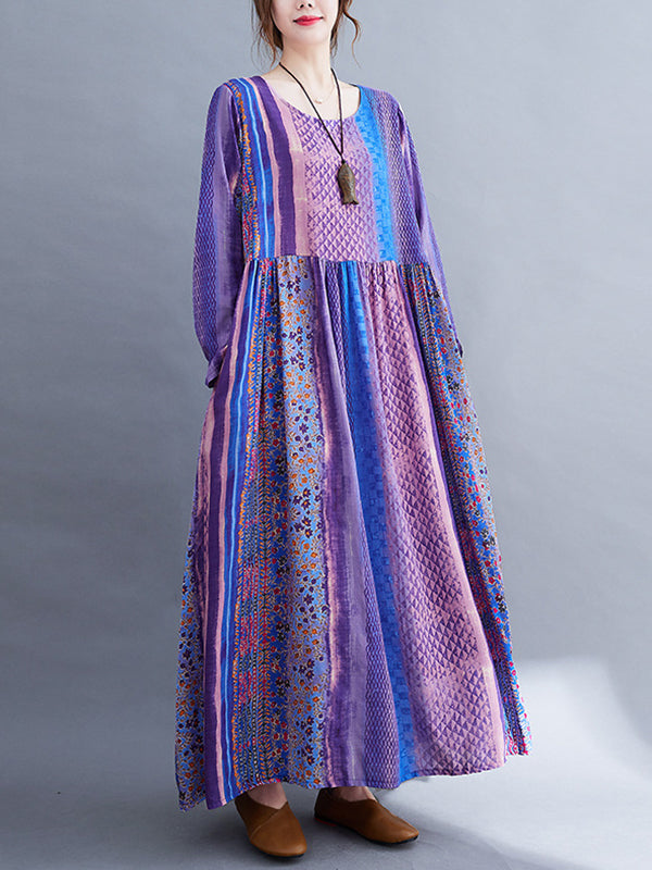 Vacation Long Sleeves Loose Contrast Color Striped Split-Joint Round-Neck Midi Dresses