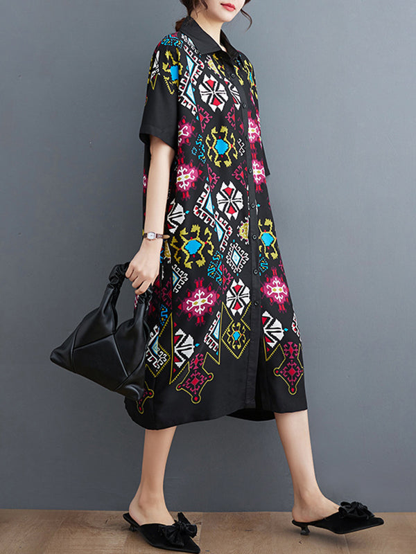 Ethnic Printed Loose Short Sleeves Lapel Midi Dresses