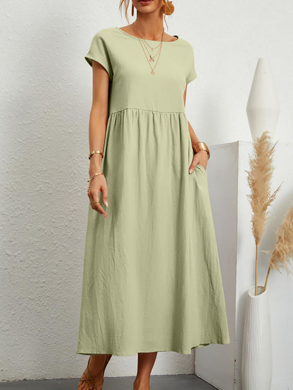 Pleated Solid Color Loose Short Sleeves Round-Neck Midi Dresses