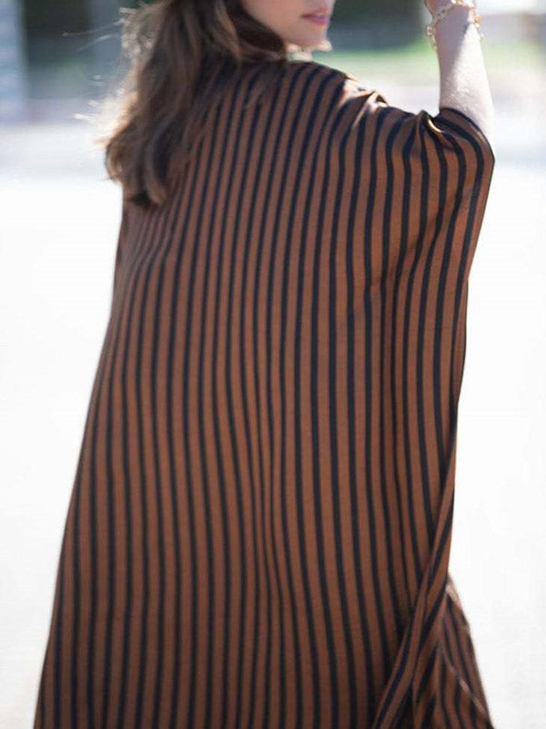Buttoned Pockets Striped Batwing Sleeves Half Sleeves Round-Neck Maxi Dresses Beach Cover-Up