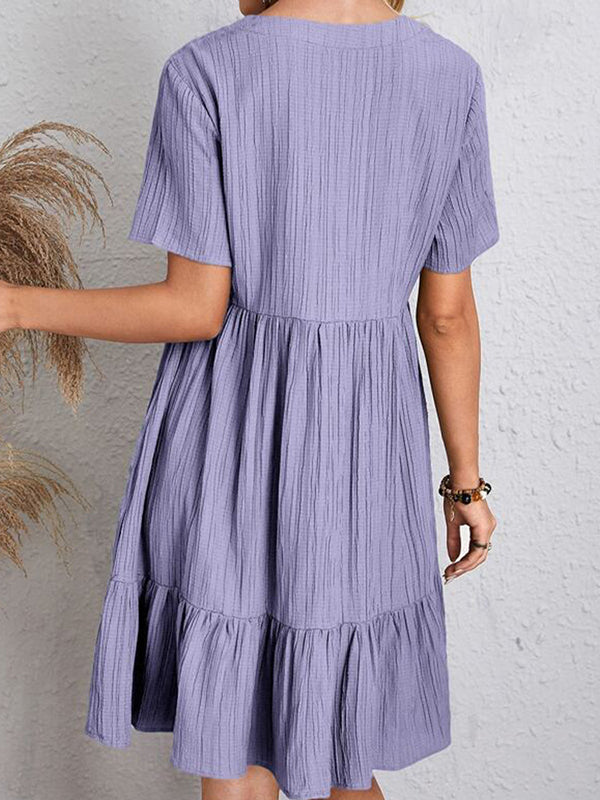 Pleated Solid Color Split-Joint A-line Loose V-neck Mini Dresses