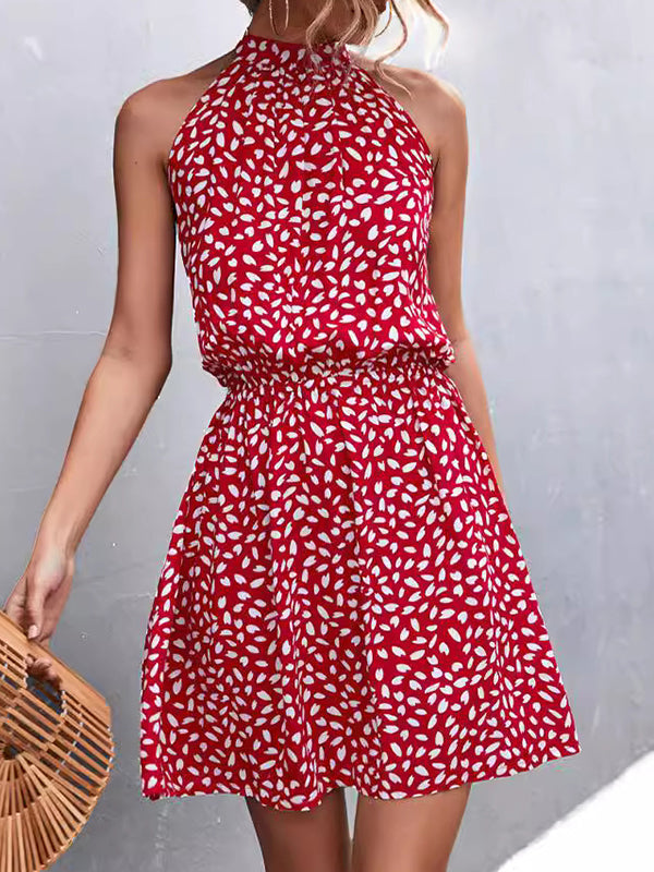 Elasticity Leaves Print Pleated A-Line High Waisted Halter-Neck Mini Dresses