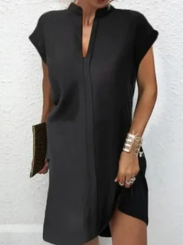 Loose Short Sleeves Solid Color Split-Joint V-Neck Mini Dresses Short Dresses