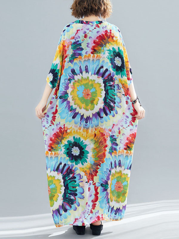 Vintage Loose Tie-Dyed Batwing Sleeves V-Neck Maxi Dress