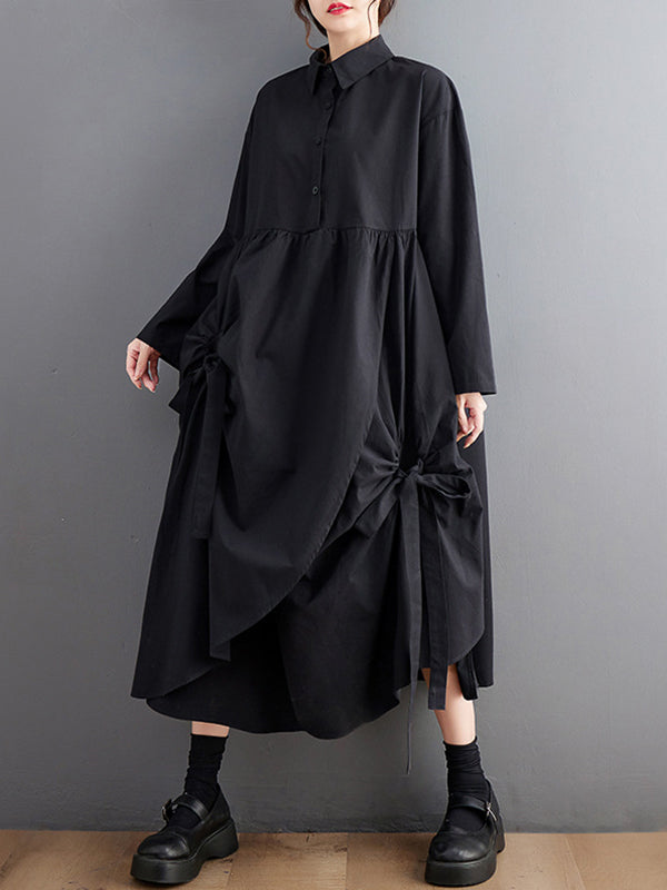 Buttoned Pleated Pockets Solid Color Tied A-Line Long Sleeves Lapel Shirt Dress Midi Dresses