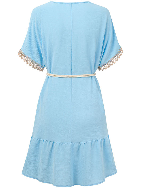 Belted Split-Joint Short Sleeves V-neck Mini Dresses