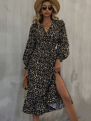 Vacation Puff Sleeves Floral Printed V-Neck Dress