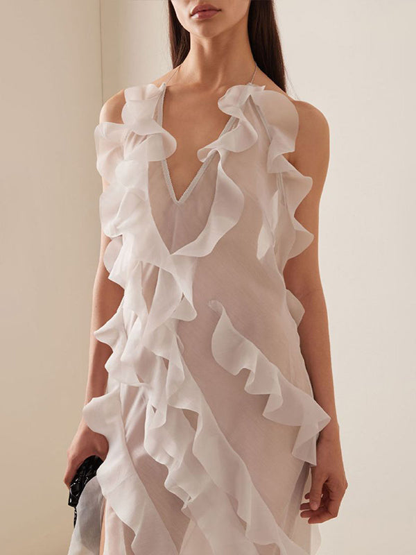 Backless Mesh Ruffle Trim See-Through Split-Side Tied Loose Sleeveless Halter-Neck Maxi Dresses