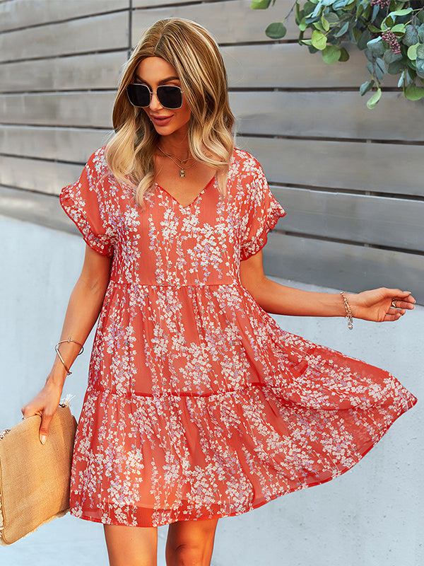 Bohemia Flared Sleeves Floral V-Neck Dress