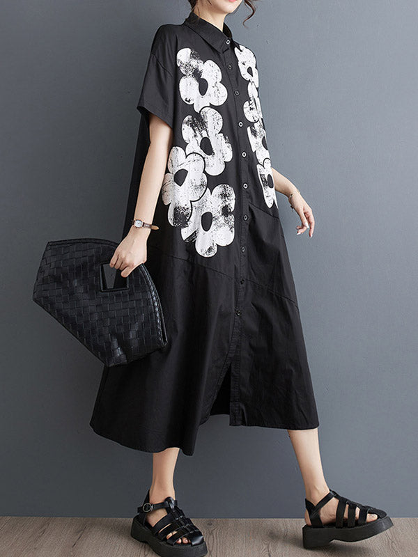 Asymmetric Buttoned Flower Print A-Line Loose Lapel Shirt Dress Midi Dresses