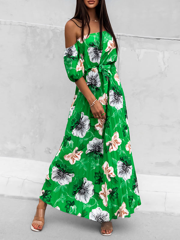 Elasticity Flower Print Pleated Split-Joint Tied Waist A-Line Loose Off-The-Shoulder Maxi Dresses