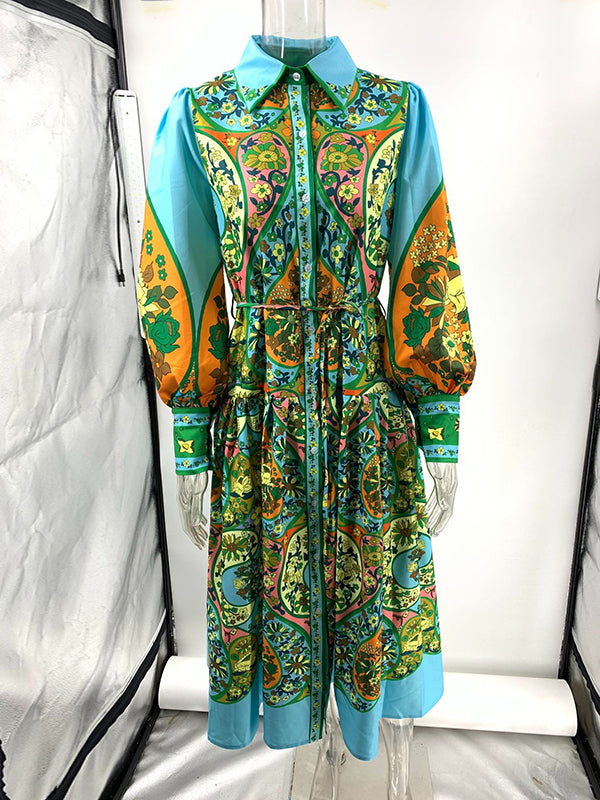 Belted Floral Printed High Waisted Loose Lapel Midi Dresses