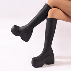 Black Chunky High-heeled Platform Knee Boots
