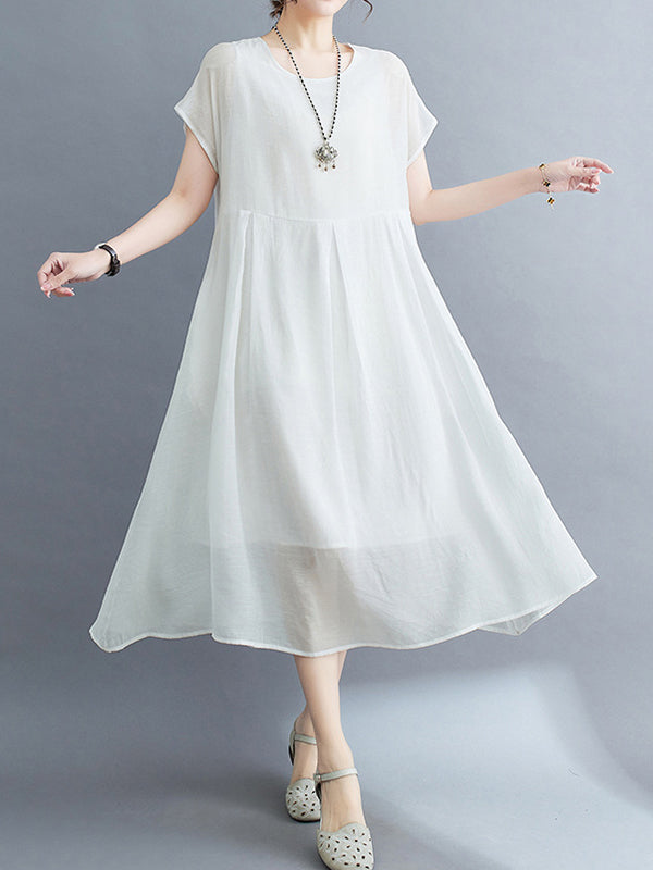 Solid Color Split-Joint Loose Short Sleeves Round-neck Midi Dresses