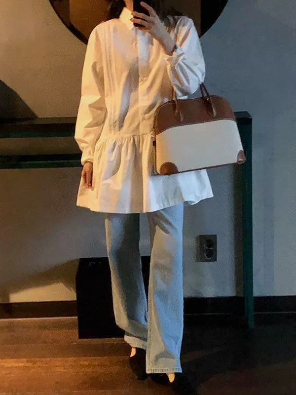 Buttoned Pleated Solid Color A-Line Long Sleeves Lapel Shirt Dress Mini Dresses
