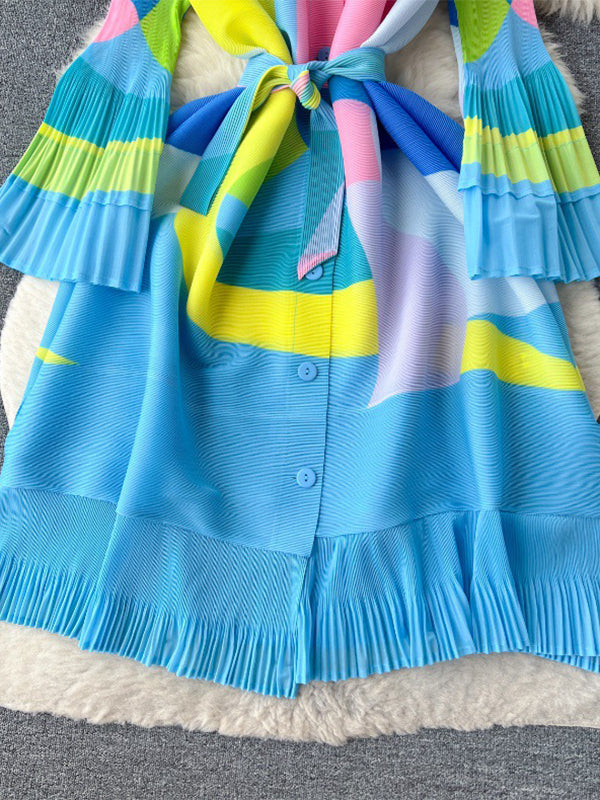 Belted Contrast Color Pleated Flared Sleeves Loose Midi Dresses