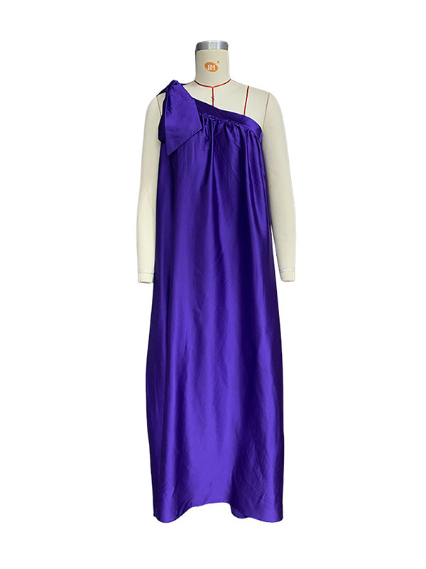 Asymmetric Pleated Solid Color Tied A-Line Loose One-Shoulder Maxi Dresses