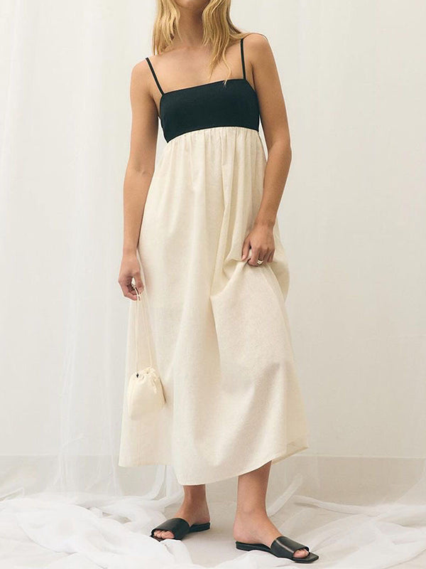 Contrast Color Pleated Split-Joint A-Line Loose Spaghetti-Neck Maxi Dresses