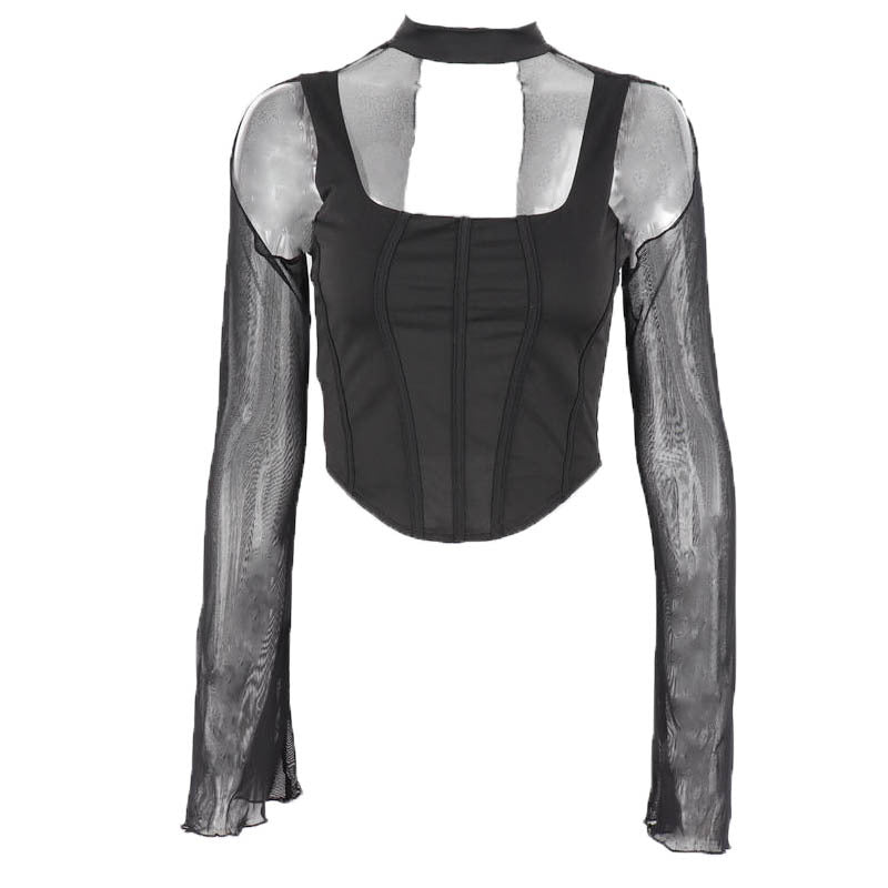 Black Corset Top Mesh Sleeve
