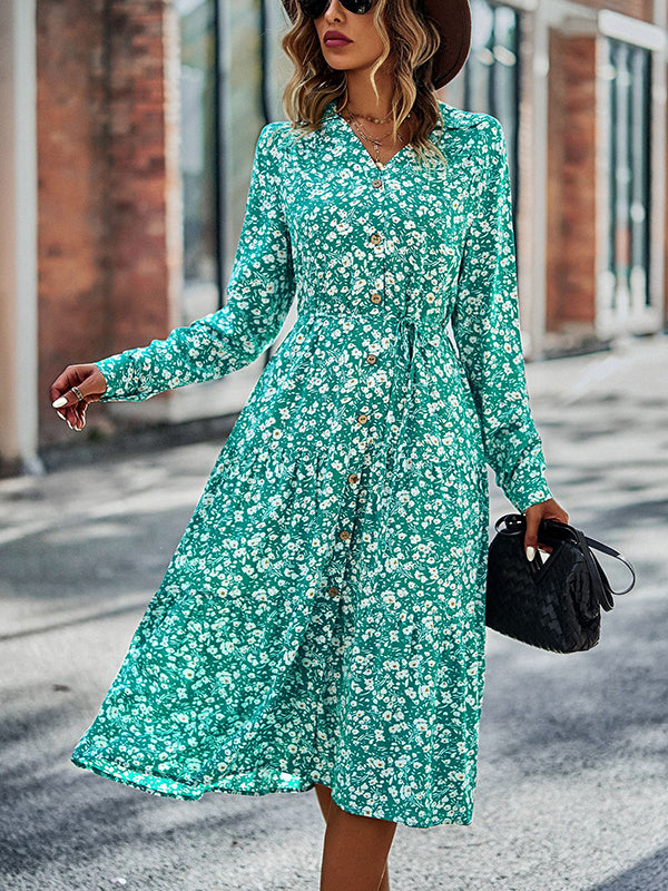 Bohemia Long Sleeves Floral Printed V-Neck Dress